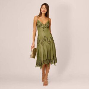 Adrianna Papell Vintage Beaded Midi Fairy Dress With Sharkbite Hem In Olive